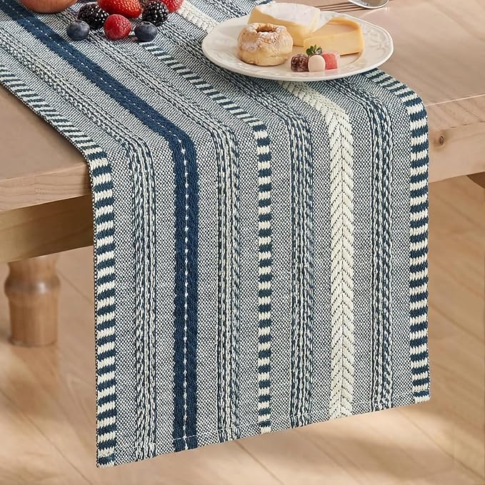 Artoid Mode Dark Blue Farmhouse Stripe Braided Table Runner 12x48 Inch | by ArtoidMode