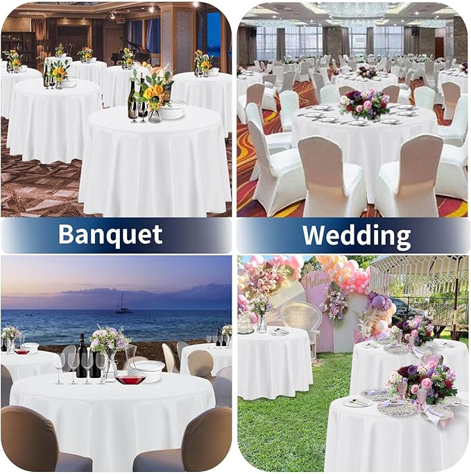 PureFit 8 Pack Round White Table Cloths 120 Inch for Round Tables, Stain and Wrinkle Resistant Table Linens for Home Use, Wedding, Party, Banquet and Camping