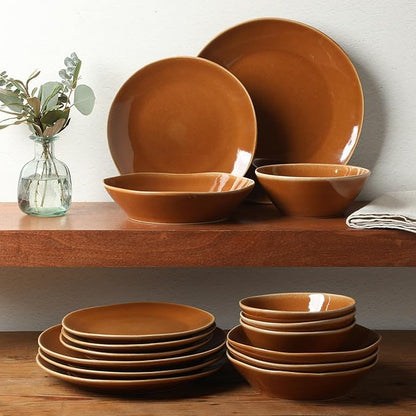 Bloomhouse - Two Time Oprah's Favorite Things Winner - Montecito Breeze 16 Piece (Service for 4) Double Plates and Bowls Stoneware Reactive Glaze Dinnerware Set - Terracotta Canyon