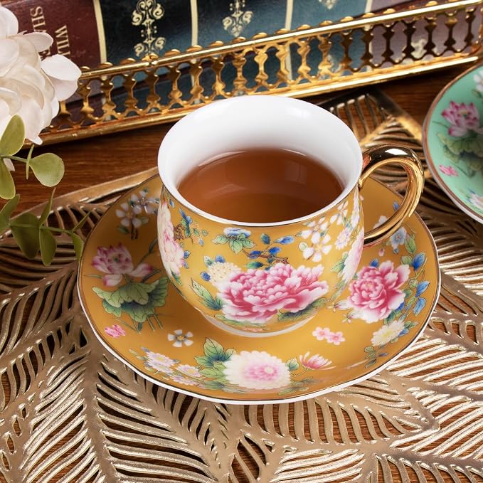 KAMMAK Tea Cup and Saucer, Ceramic Coffee Cups, 7.1 oz, Afternoon Tea and - Image 3