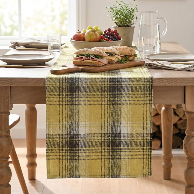 Artoid Mode Yellow Brown Farmhouse Plaid Spring Table Runner, Winter Rustic - Image 2