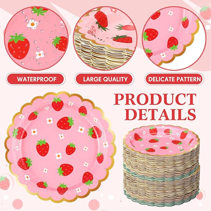 60 Pcs Strawberry Party Plates Berry First Birthday Disposable Flower Shaped Paper Plates 7 Inch Summer Fruit Dessert Dishes for Birthday Wedding Baby Shower Bachelorette Party Supplies