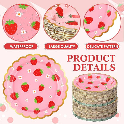 60 Pcs Strawberry Party Plates Berry First Birthday Disposable Flower Shaped Paper Plates 7 Inch Summer Fruit Dessert Dishes for Birthday Wedding Baby Shower Bachelorette Party Supplies