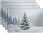 Winter Placemats Set of 4, 12x18 Inch Christmas Pine Tree Snowflake Linen Table Mats Seasonal Washable Farmhouse Place Mats for Kitchen Dining Xmas Holiday Party Decor