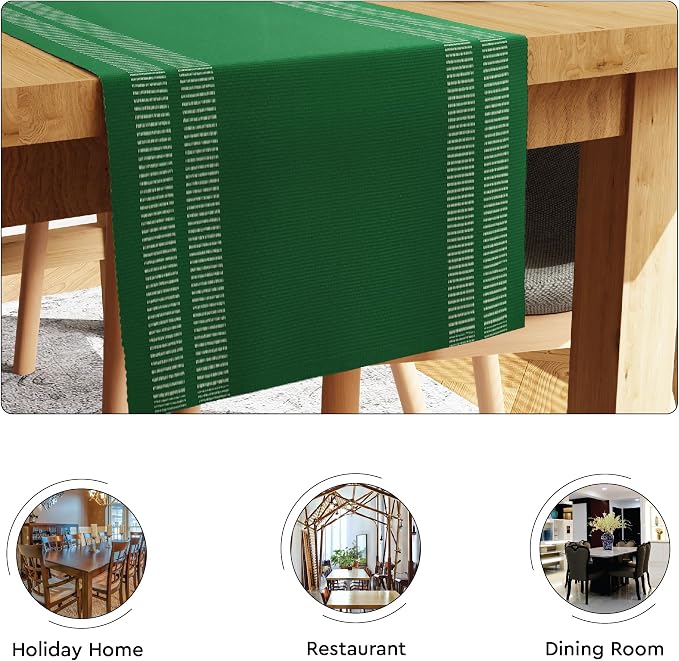 Encasa XO Table Runner, Yarn Dyed Ribbed Cotton 13"x59" | Ladder Dk Green - Image 4