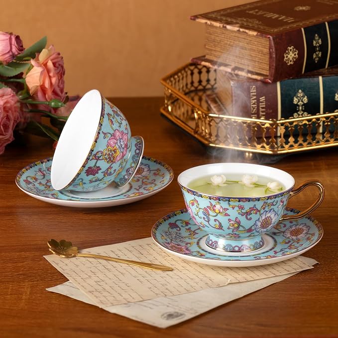 KAMMAK Tea Cups and Saucers Set of 2, Porcelain Coffee Cups, JBE021 | Stackable - Image 7