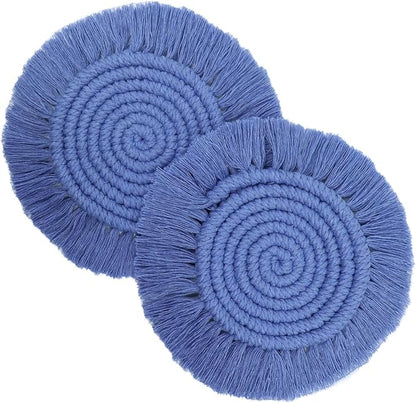 Coomin Boho Coasters for Drinks, Handmade 7.4in, 2p Light Blue | Woven by COOMIN