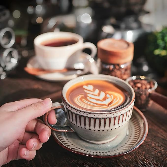 10Oz ceramic coffee cup and saucer sets, elegant striped pattern, unique kiln - Image 5