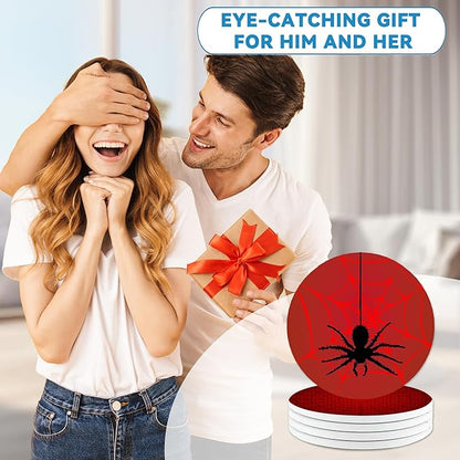 Drinks Coasters Set of 4, Cool Red Spider Round 4" Cup Coasters, Absorbent Ceramic Stone Coasters with Cork Base, Cute Coasters for Table Home Décor, Ideal Gifts for Women Men