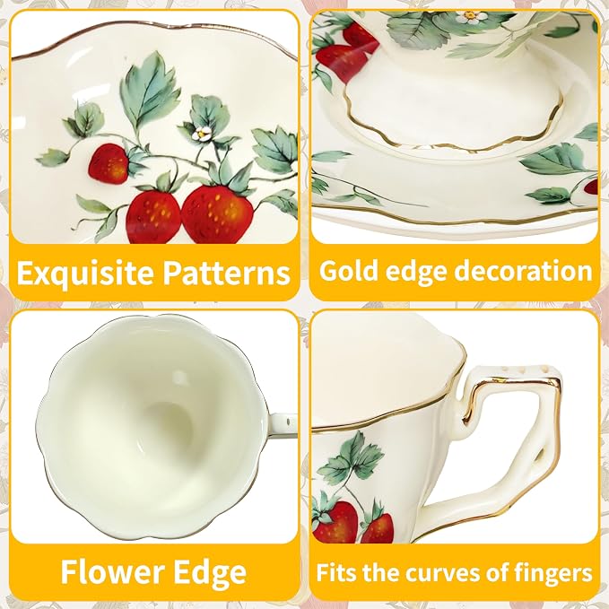 Tea Cups and Saucers Set, Porcelain Coffee Mugs, 8.4 OZ Vintage Coffee Cups - Image 3