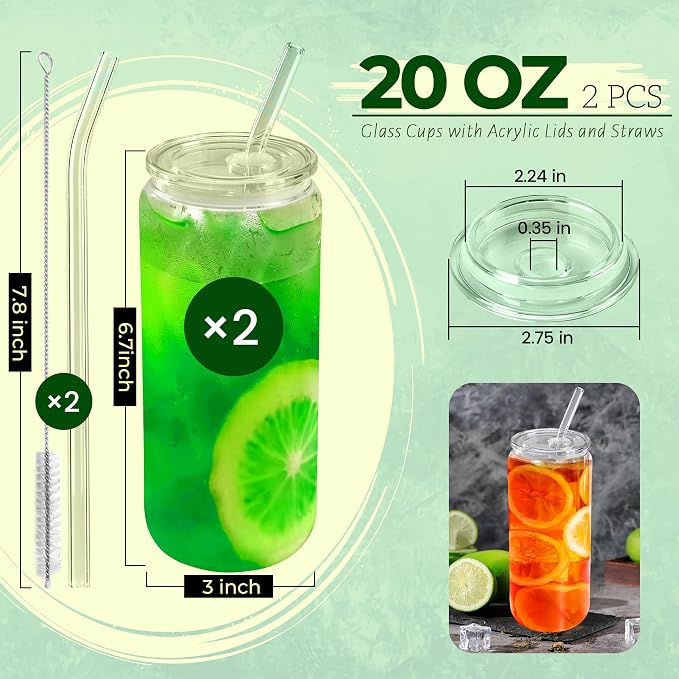 Joyclub 2pcs Glass Cups with Acrylic Lids and Straws 20 oz Drinking Glasses | - Image 3