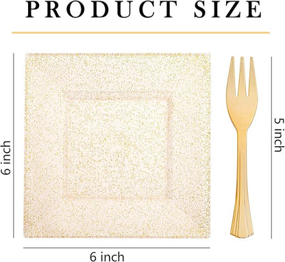 supernal 200pcs 6" Gold Dessert Plates Glitter with 5.7" Plastic Forks,Disposable Square Plates for 100 Guests,Party Plastic Salad Plate Appetizer Square Plates Suit for Party, Wedding