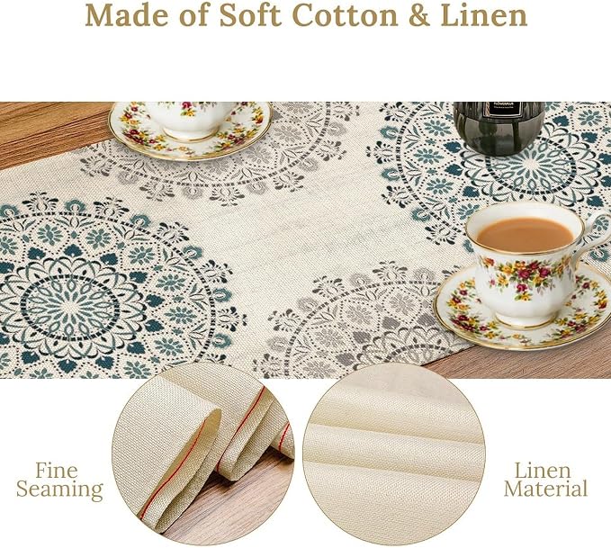 Boho Flower Table Runner, Bohemian Turquoise Mandala White Teal Floral Kitchen - Image 6
