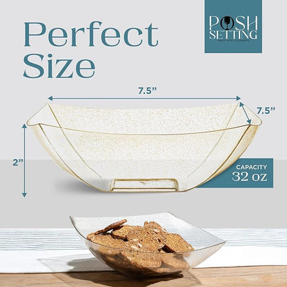 Posh Setting - Gold Glitter Plastic Serving Bowls for Party (32oz - 4 Pack) Square, Disposable, Candy Containers for Candy Buffet