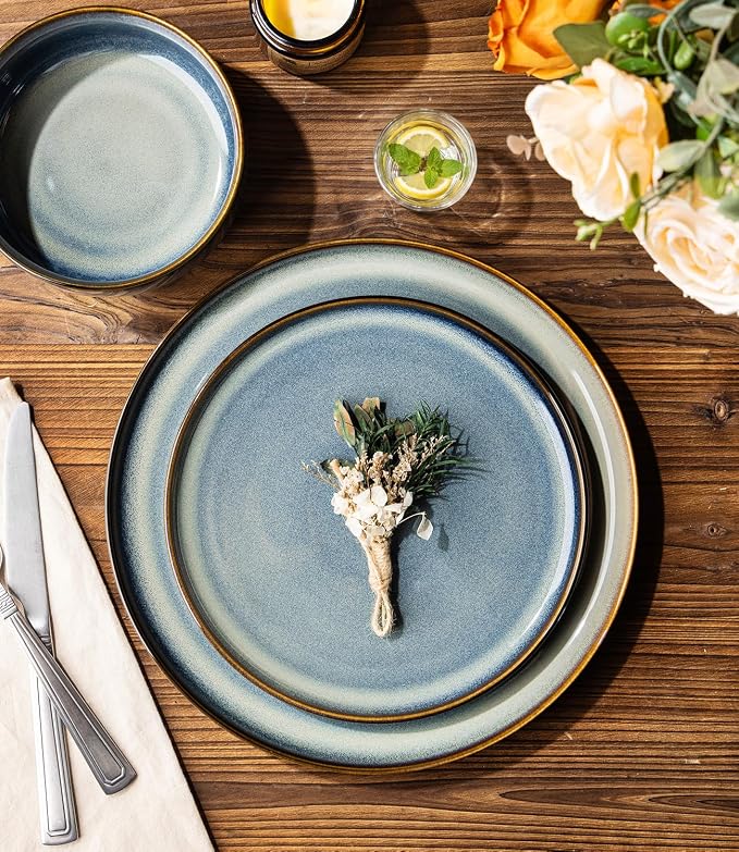 Ceramic Dinnerware Set for 4, 12-Piece Plates and Bowls Set | Handmade Reactive - Image 2