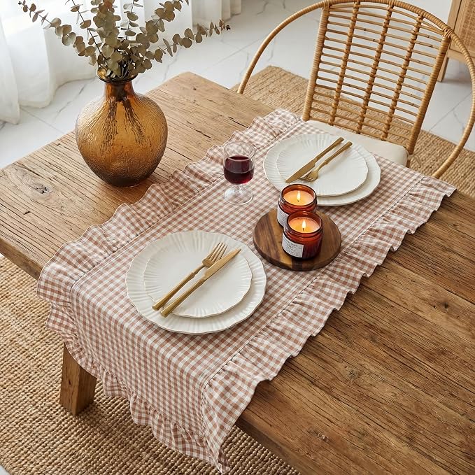 HunnmingRe 1 Pc Gingham Table Runner Brown, 118 X 13.8 Inch | Cotton Dresser - Image 3