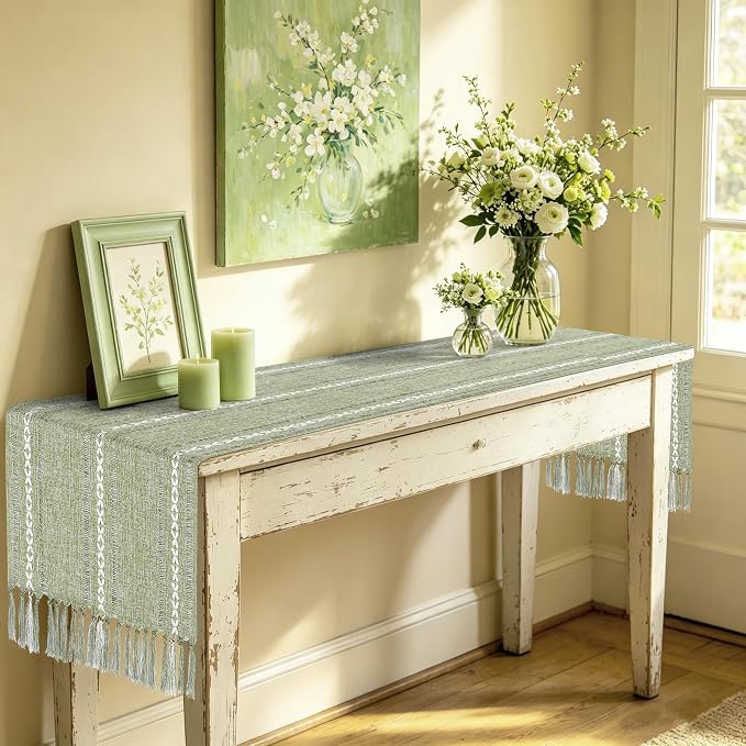 Sage Green Table Runner 15 x 72 Inches, Spring Summer Cotton Linen Coffee Table - Image 5