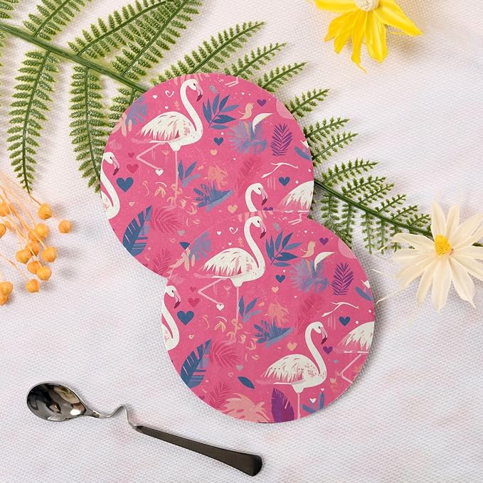 Pink and White Color Flamingo Illustration Round Drink Coaster Set of 4 Heat - Image 3