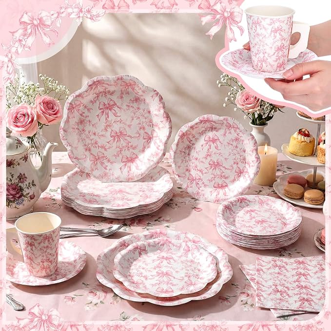 Pickmesh 252 Pcs Pink Bow Floral Tea Party Supplies - Image 2