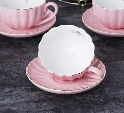 Jusalpha Fine China Pink Coffee Cup/Teacup Set, 7 OZ Cups& Saucer Service - Image 3