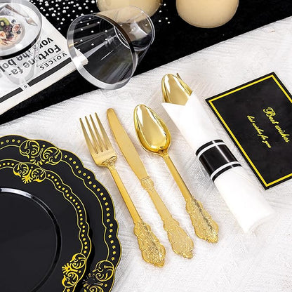 Ciaell 350 PCS Black Plastic Plates - Black and Gold Plates - Black Disposable Plates Include 100 Disposable Plate, 150 Heavy Duty Silverware, 50 Cups, 50 Napkins for Wedding & Party