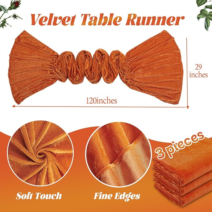 Orange Velvet Table Runner 29 x 120 Inches Fall Halloween Runners | 3 Pieces - Image 3