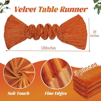Orange Velvet Table Runner 29 x 120 Inches Fall Halloween Runners | 3 Pieces - Image 3