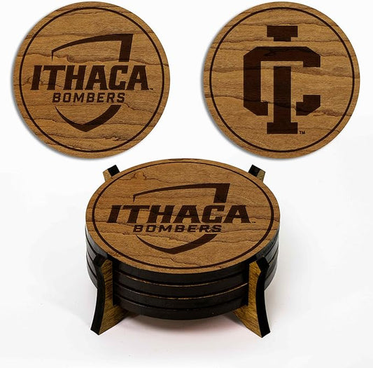 LazerEdge Ithaca Bombers Wooden Coaster Set - Cherry Wood - Officially Licensed Product - 4-Pack