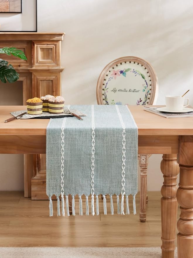 Braided Farmhouse Table Runner, Braided Dusty Blue 13x108 Inch, Cotton Linen - Image 2