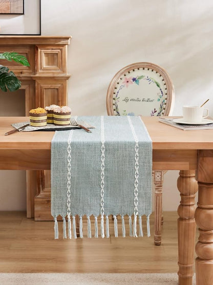 Braided Farmhouse Table Runner, Braided Dusty Blue 13x108 Inch, Cotton Linen - Image 2