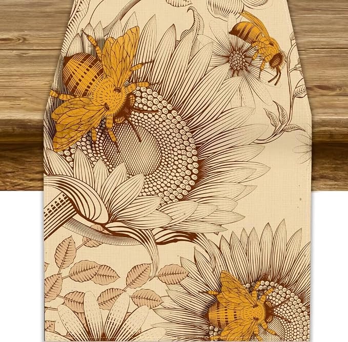Vintage Bee Table Runner, Rustic Retro Wildflowers Print Home Farmhouse Table by JanJCurt
