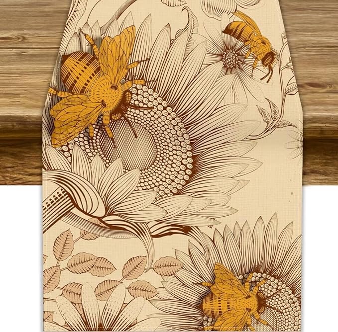Vintage Bee Table Runner, Rustic Retro Wildflowers Print Home Farmhouse Table by JanJCurt