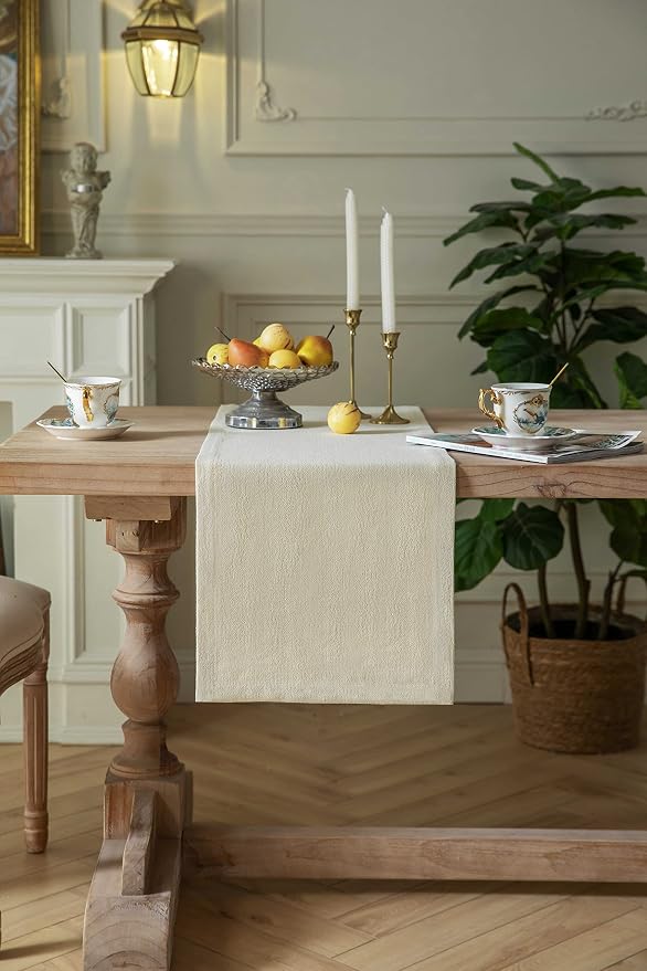 Burlap Style Farmhouse Table Runner, 14x108 Inches Cream | Thick Durable Fabric - Image 2