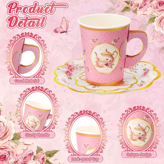 Tioncy 100 Pcs Tea Party Decorations Include 50 Pieces 9 oz Paper Tea Cups - Image 3