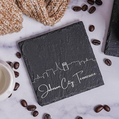 Blue Ridge Mountain Gifts - Johnson City TN Skyline Coasters, Johnson City Tennessee Souvenir, Slate Coasters with Minimalist Skyline, Housewarming Gift for Friends, Family, & Neighbors