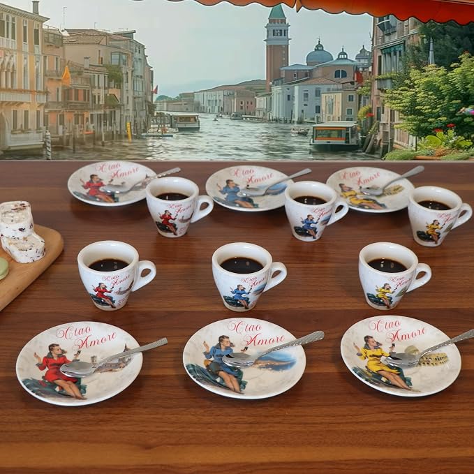 Lorren Home Porcelain Espresso Cups and Saucers, Vespa Scene Design, 3 Oz - Image 5