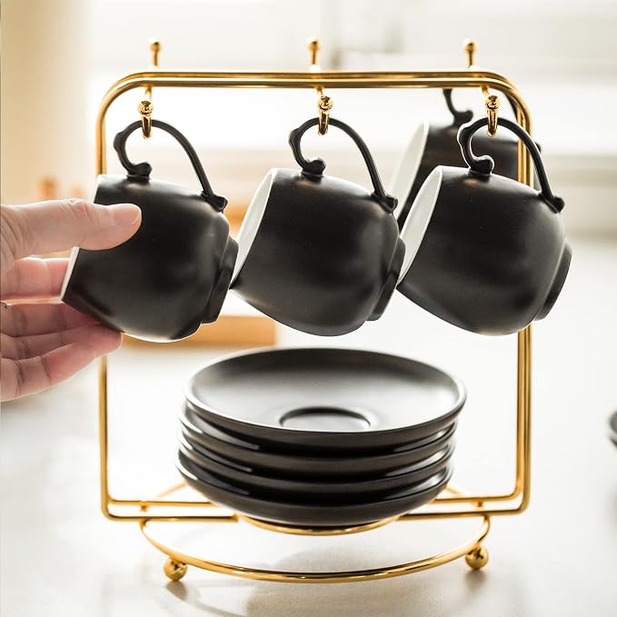 LYEOBOH Espresso Cups and Saucers Set, Ceramic Coffee Cup 3 Ounces Small - Image 7