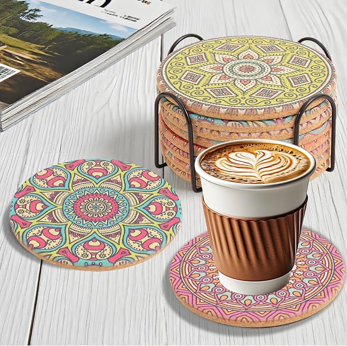 Cork Coasters Set of 8 with Holder, Colorful Drink Coaster - Image 7