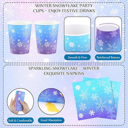 Kochorie 96 Pieces Frozen Iridescent Winter Snowflake Birthday Party Supplies Snowflake Tableware Set Disposable Paper Plates Cups Napkins Serve 24 Guests for Christmas Winter Wonderland Decorations