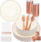 YOUBET 175PCS Ivory Scalloped Plastic Plates - Rose Gold Disposable Dinnerware Set Include 50 Plates, 75 Rose Gold Silverware, 25 Cups, 25 Napkins for Party & Wedding & Baby Shower