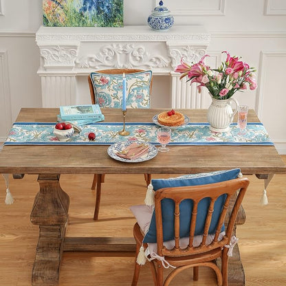 Patdrea Designer Vintage French Linen Table Runner, Elegant Blue Floral Pattern - Image 9