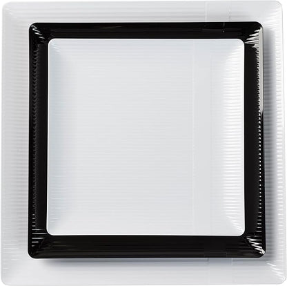 Exquisite Disposable-White-Plastic-Plates-Square Linear (40 Pack) Wedding Dinner Fancy Tableware Dishes (10.25 Inch., White) Single Size Set