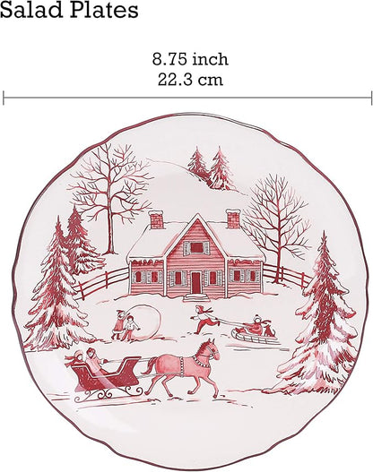 Bico Toile De Jouy Winter Wonderland Scalloped Salad Plates Set of 4, 8.75 Inch Ceramic Dessert Plates for Appetizer, Side Dishes, Microwave and Dishwasher Safe, Gift for Housewarming and Christmas