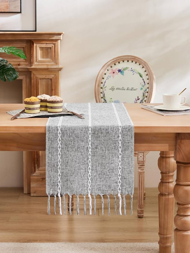Braided Farmhouse Table Runner, Braided Charcoal 13x90 Inch, Cotton Linen Table - Image 2