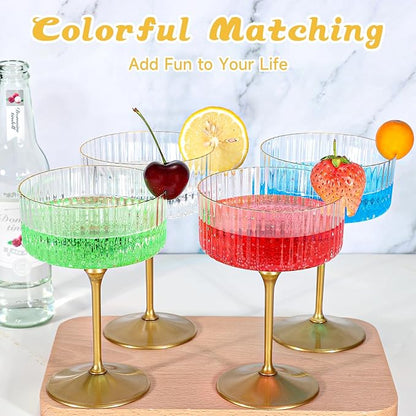 XUWAIDSGN 24 Pcs Champagne Martini Glasses 9 Oz with Gilded Removable Gold Rim Coupe Glasses Pink Martini Glasses Plastic Mimosa Vintage Coupe Glasses Set For Wedding Anniversary (24, Ribbed Gold)