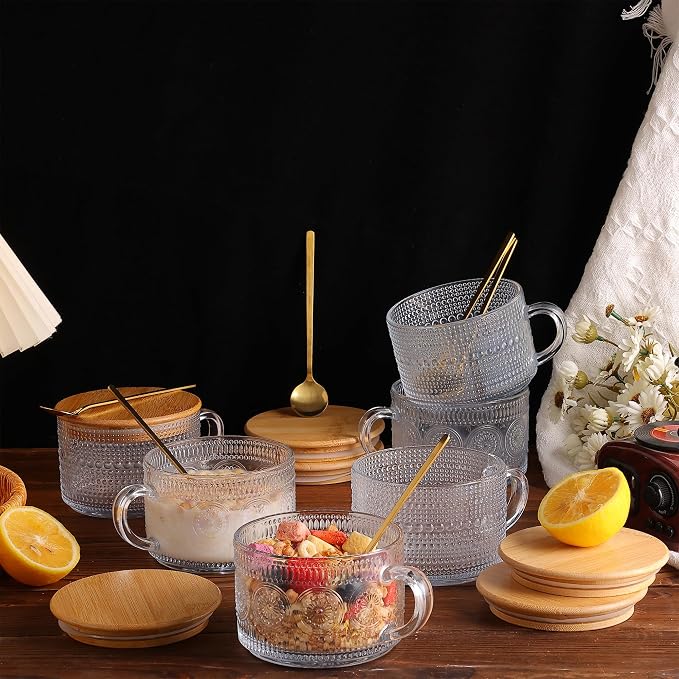 Vintage Coffee Mugs 12pcs Overnight Oats Containers Embossed Glass Tea Cups | - Image 3