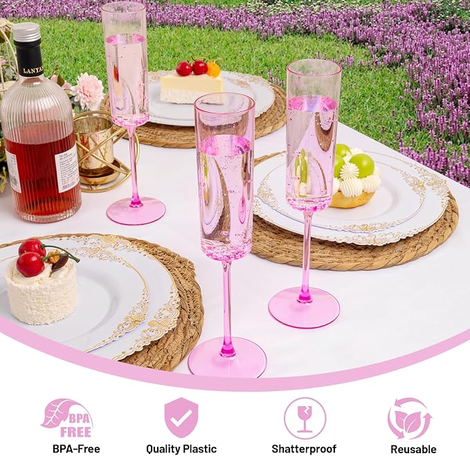 YOUBET 24Pack Pink Plastic Champagne Flutes 6 oz | Clear Pink Champagne - Image 3