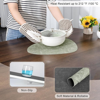 Placemats and Coasters, Washable Reversible Placemats Round Faux Leather Wipeable Place Mats Non Slip Heat Resistant Indoor Outdoor Table Mats (Set of 6, Gray Green)