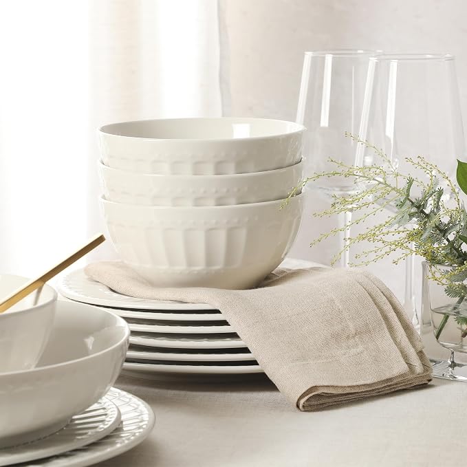 Gibson Home Melbourne White Plates and Bowls Set, 16 Piece Embossed Ceramic - Image 7