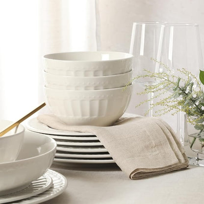 Gibson Home Melbourne White Plates and Bowls Set, 16 Piece Embossed Ceramic - Image 7